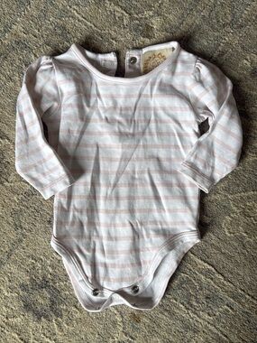 Baby Long-Sleeve One-Piece in White and Light Pink Stripes